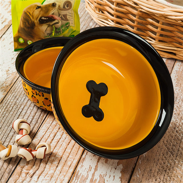 Impression de fond de bol Images d'os Mangeoire pour animaux de compagnie en céramique jaune Bol pour chien en céramique circulaire