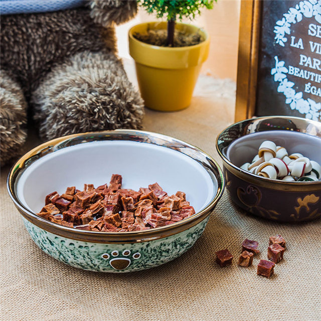 Bol à bord rond en or, impression de fond, empreintes de chien, bol pour chien en céramique, mangeoire pour animaux de compagnie en céramique