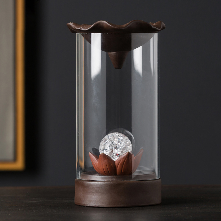 Couvercle acrylique lumières colorées Refoulement de la cascade Encens Smog Brûleur d'encens à reflux en céramique