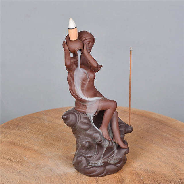 Statue Beauté Assise Sur Conque Femme Déesse En Céramique Brûleur D'encens À Refoulement