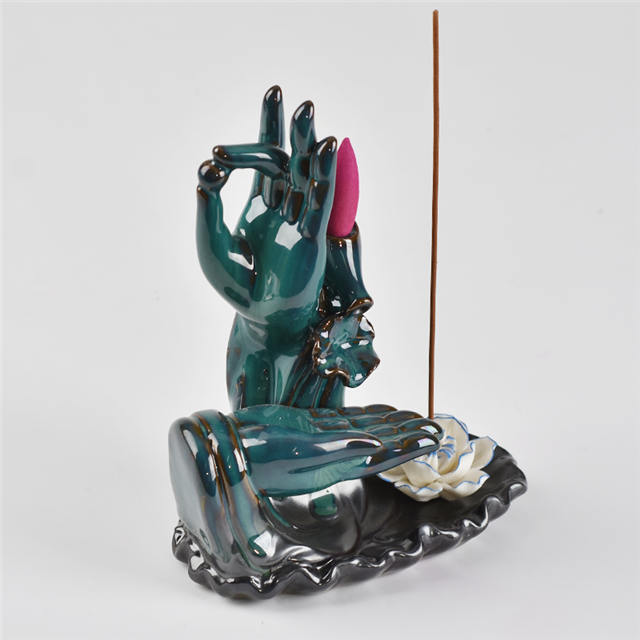couleur bleue avec les deux encensoir en céramique à reflux de style fleur de la main de Bouddha brûleur d'encens à reflux en céramique