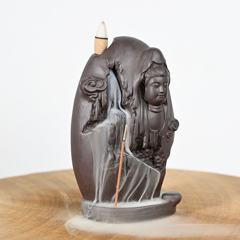 Brûleur d'encens à refoulement en céramique Supports de cône d'encens en cascade Guanyin en céramique