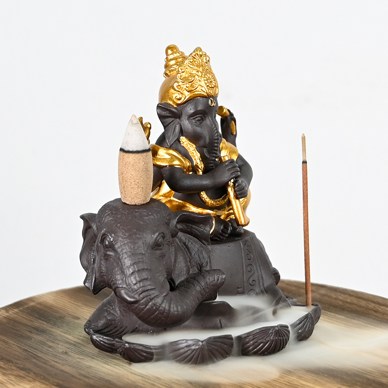 Céramique Ganesha Play Flûte Style Sites sur la cascade d'éléphant Backflow Encens Encense Ceramic Breakflow Incens Burner