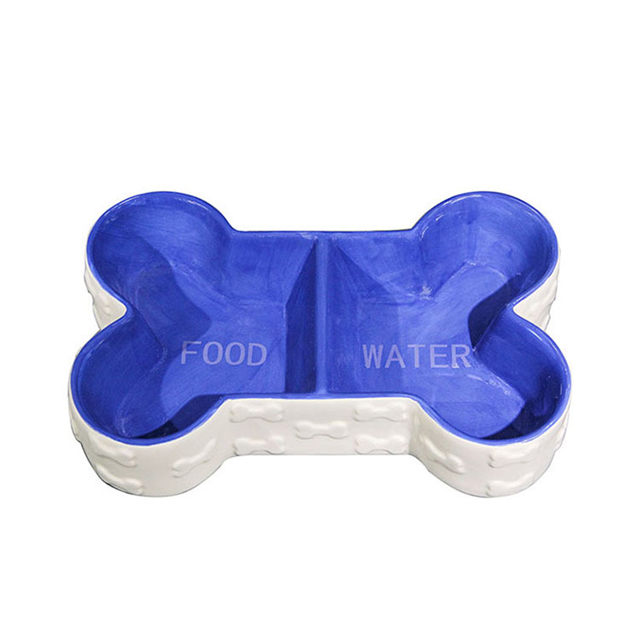 Bol fond bleu os forme Double bol Design chien bol en céramique bassin de nourriture bassin de nourriture pour animaux de compagnie beau bassin de nourriture pour animaux de compagnie