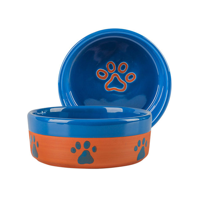 avec des empreintes de chien imprimant des os imprimés circulaires au fond du bol Alimentation pour chien en céramique Bleu et orangécéramique Bol pour chien en céramique rose
