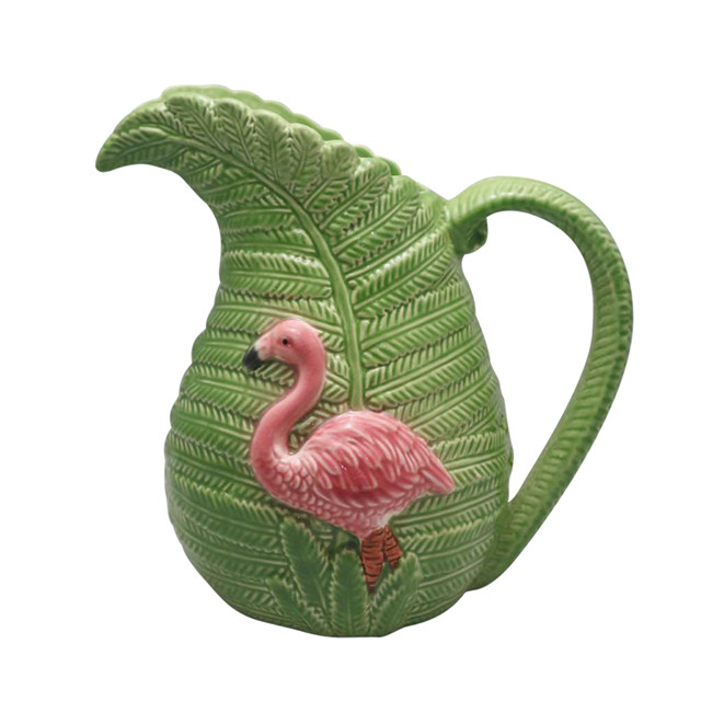 Vase flamant rose en relief de style pot de feuilles de noix de coco verte en céramique