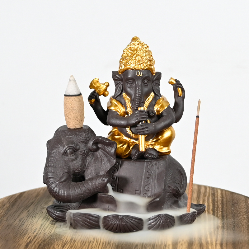 Céramique Ganesha Play Flûte Style Sites sur la cascade d'éléphant Backflow Encens Encense Ceramic Breakflow Incens Burner