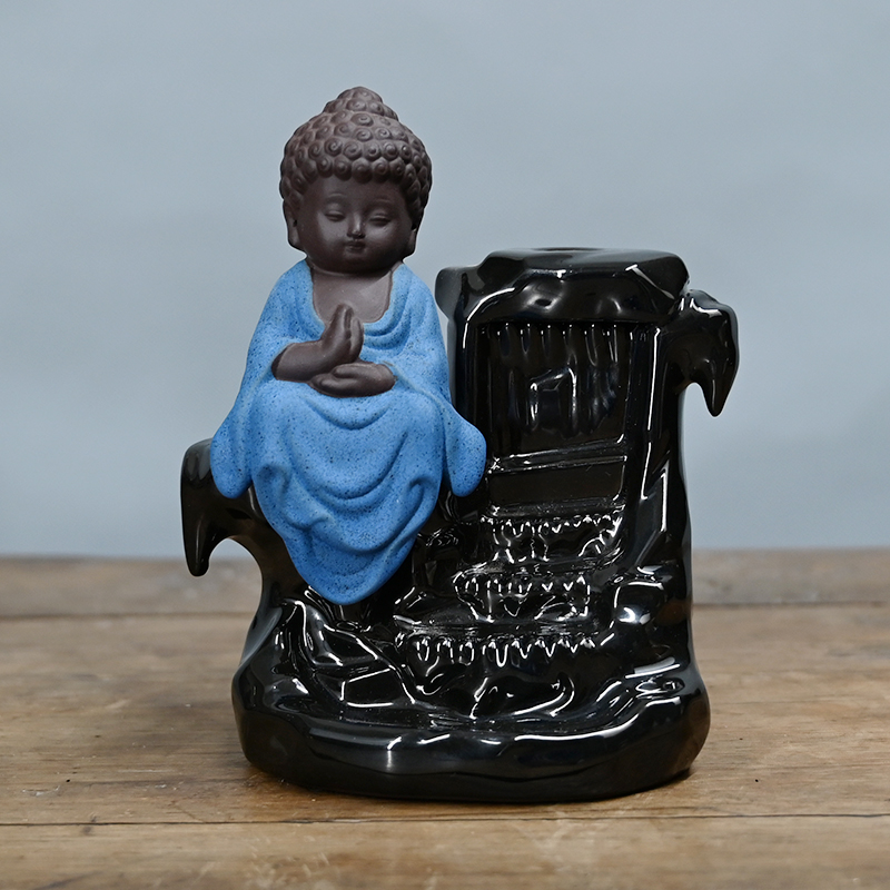 Bouddha moine cendres attrape tour encens cône contre-courant porte-bâton production professionnelle vert bouddha en céramique contre-courant brûleur d'encens