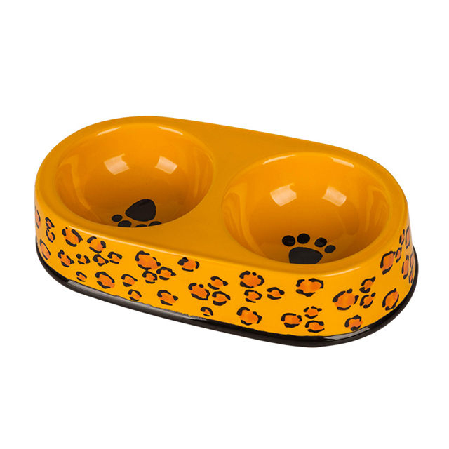 Black Circle Edge Bowl Bottom Printing Dog Footon Circulaire Chien Footon Jaune Céramique Double Bol Intégration Chien Bol En Céramique Pet Feeder