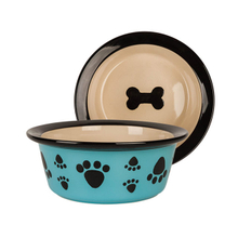 Avec des empreintes de chien imprimant des os imprimés circulaires au bas du bol en céramique alimentation pour chien bol en céramique pour chien en céramique rose