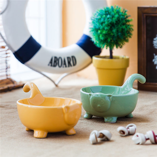 avec tête de chat en relief avec longue queue et bol pour chat de quatre pieds Mangeoire en céramique jaune bleu vert