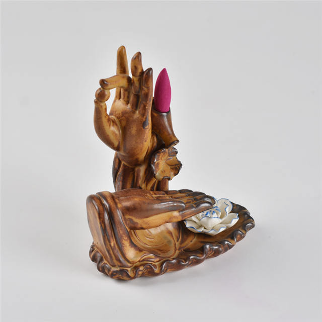 Couleur marron avec les deux encensoir en céramique à reflux de style fleur de la main de Bouddha brûleur d'encens à reflux en céramique