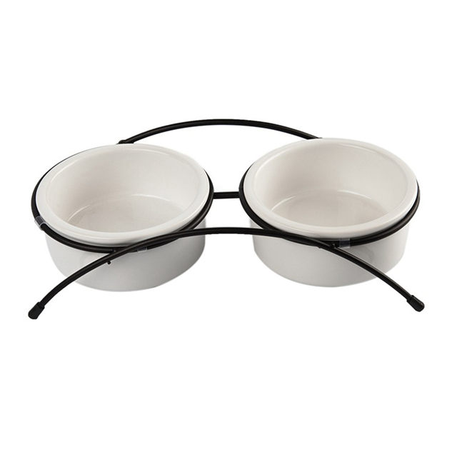 Fournitures pour animaux de compagnie ustensiles de nourriture pour animaux de compagnie cadre en fer pour animaux de compagnie en céramique double bol chat chien bol double bol