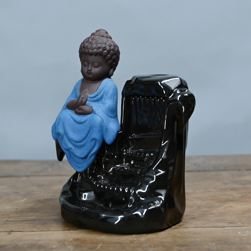 Bouddha moine cendres attrape tour encens cône contre-courant porte-bâton production professionnelle vert bouddha en céramique contre-courant brûleur d'encens