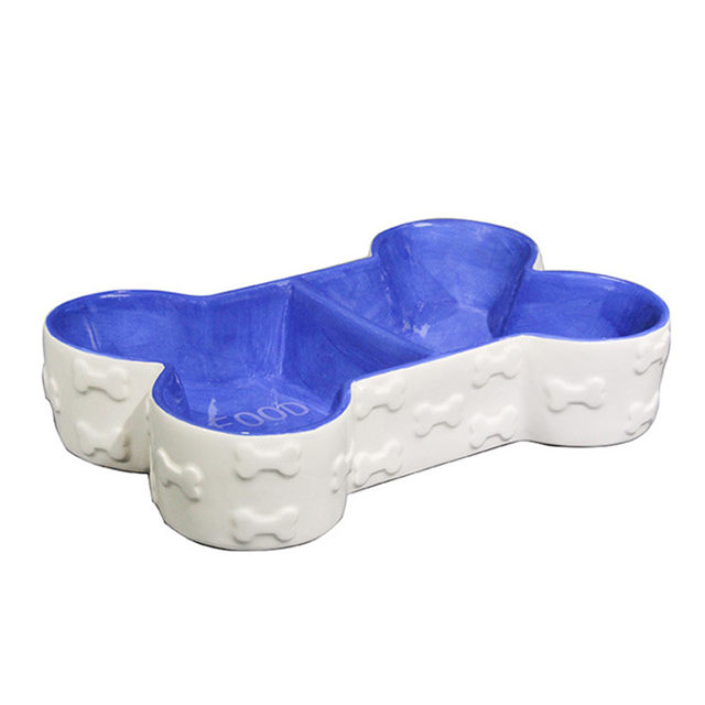 Bol fond bleu os forme Double bol Design chien bol en céramique bassin de nourriture bassin de nourriture pour animaux de compagnie beau bassin de nourriture pour animaux de compagnie