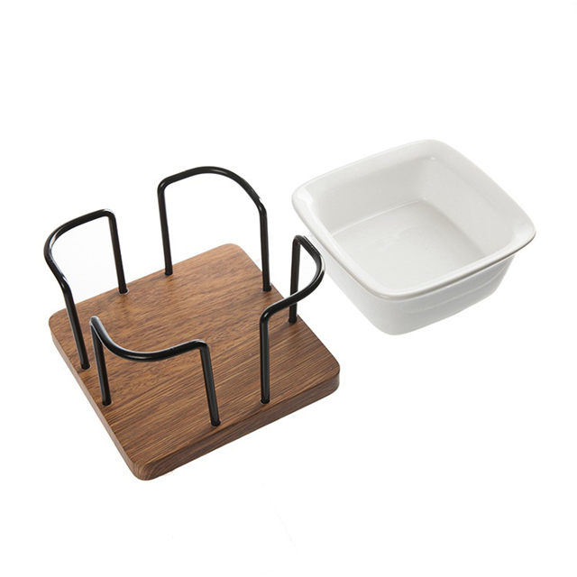 Bol en céramique pour animaux de compagnie Étagère de base en bois