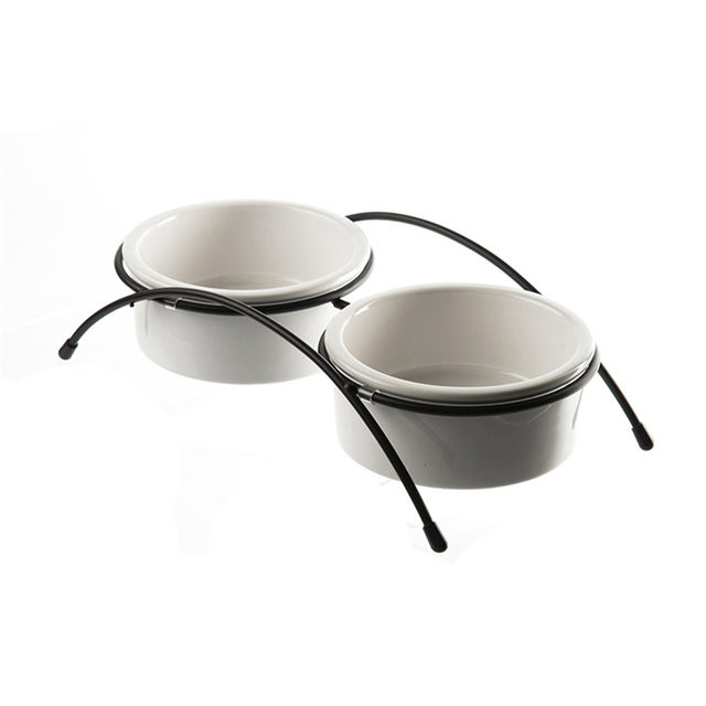 Fournitures pour animaux de compagnie ustensiles de nourriture pour animaux de compagnie cadre en fer pour animaux de compagnie en céramique double bol chat chien bol double bol