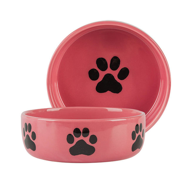 avec des empreintes de chien imprimant des os imprimés circulaires au bas du bol en céramique pour chien Feeder en céramique rose pour animaux de compagnie Bol en céramique rose pour chien