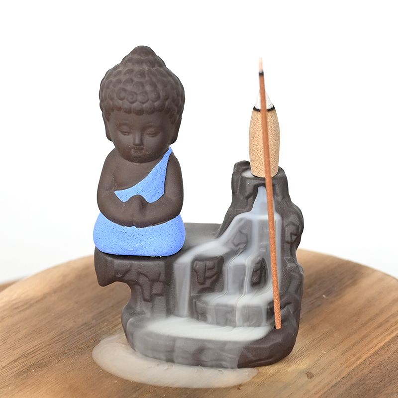 Brûleur d'encens à refoulement en cascade en céramique porte-encens à refoulement en cascade petit bouddha bleu en céramique
