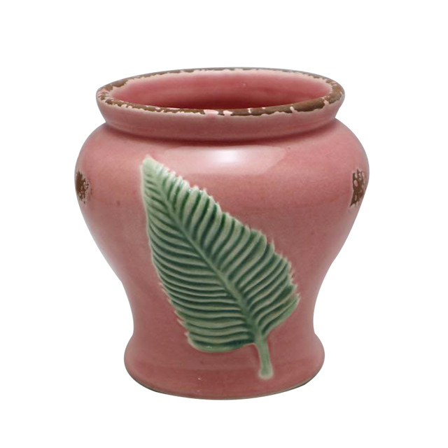 Pot de fleurs rose à feuilles vertes en relief en céramique