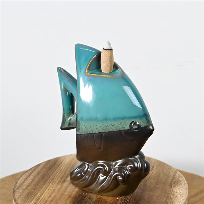  Blue Ceramic Fish Waterfall Flow Flow Burner Burner Ornement Cône d'encens de reflux de cascade