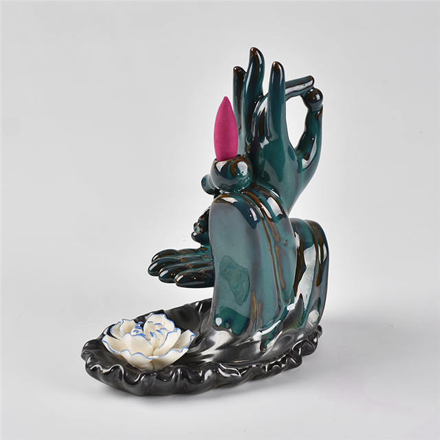 couleur bleue avec les deux encensoir en céramique à reflux de style fleur de la main de Bouddha brûleur d'encens à reflux en céramique