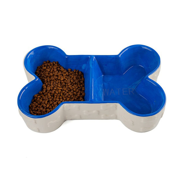 Anaglyph os bol fond bleu os forme Double bol Design chien bol en céramique bassin alimentaire bassin de nourriture pour animaux de compagnie beau bassin de nourriture pour animaux de compagnie