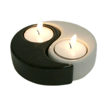 Bougeoir demi-cercle en céramique blanc et noir soleil et lune