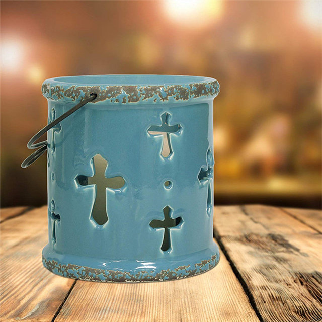 Tasse de bougie en céramique portative creuse bleu clair Tasse de bougie suspendue creuse