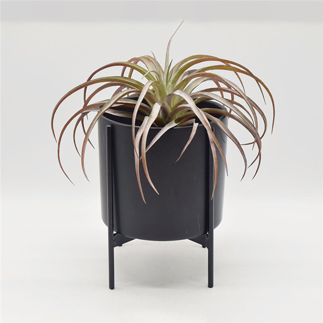 Support en fer noir Support à quatre pattes avec pot de jardinière en céramique noire