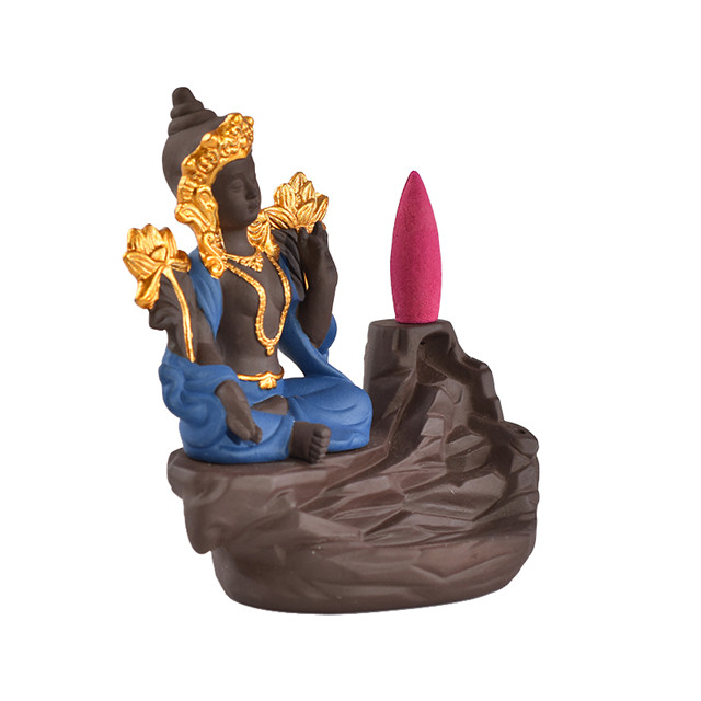 Ameublement Décorer Statue en céramique Déesse bleue Brûleur d'encens à reflux en céramique