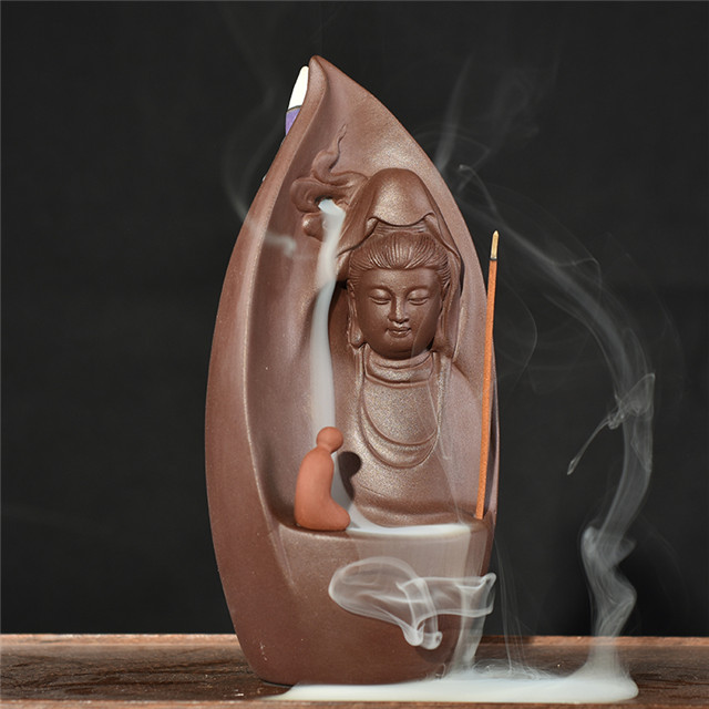 Ameublement Décorer Statue en céramique Brûleur d'encens à reflux en céramique guanyin doré