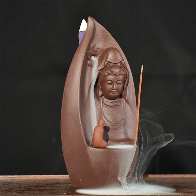 Ameublement Décorer Statue en céramique Brûleur d'encens à reflux en céramique guanyin doré