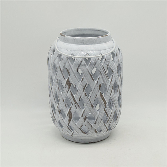 Décoration d'ameublement Cylindre en céramique gris clair Style citrouille évidant la lanterne ouragan